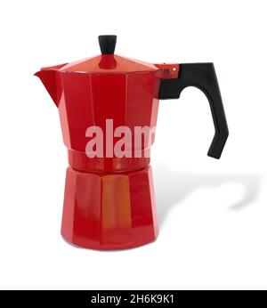 Caffettiera in moka di metallo rosso isolata su sfondo bianco Foto Stock
