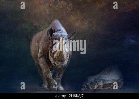 un rinoceronte che cammina accanto ad una roccia di fronte ad uno sfondo scuro Foto Stock