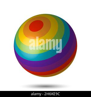 Elemento con logo arrotondato - design realistico del logo 3d. Sfera 3D spelata isolata su sfondo bianco. Elemento di disegno vettoriale. colori arcobaleno. Illustrazione Vettoriale