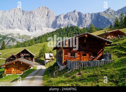 Un sentiero che conduce attraverso il paesaggio alpino con capanne in legno nella regione di Dachstein in Austria (Neustatt Alm in Stiria) Foto Stock