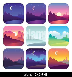 Diversi orari del giorno. Alba e tramonto al mattino presto, mezzogiorno e notte al tramonto. Icone vettoriali del paesaggio di campagna del tempo del sole Illustrazione Vettoriale