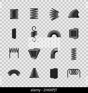 Molla in acciaio. Bobina a spirale molla flessibile in acciaio con filo di forma. Assorbimento delle icone dei vettori di linea dell'attrezzatura a pressione Illustrazione Vettoriale