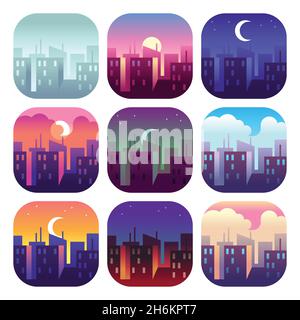 Orari della città. Tramonto all'alba di mattina presto, mezzogiorno e sera al tramonto, notte città grattacieli edifici. Set urbano Illustrazione Vettoriale