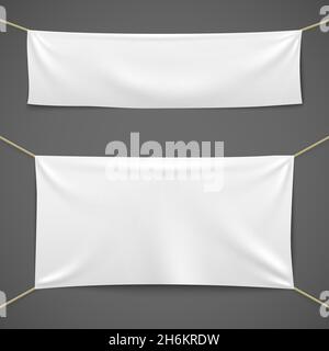 Striscioni in tessuto bianco. Bandiera di tessuto bianco appeso tela vendita nastro orizzontale modello pubblicità tessuto banner set Illustrazione Vettoriale