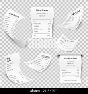 Ricezione realistica. Registratore di cassa vendite shopping ricevute stampa carta assegno supermercato, registro di pagamento fattura set Illustrazione Vettoriale