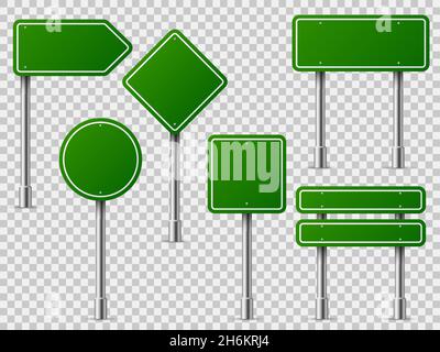 Cartelli stradali verdi. Pannello di testo Road board, mockup segnaletica direzione autostrada città segnaletica posizione strada freccia modo set Illustrazione Vettoriale