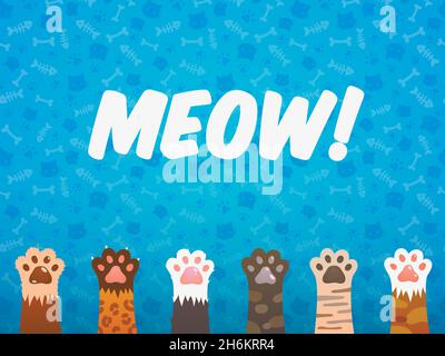 Cat zampa fondo piatto. Gatti cuccioli di animali da compagnia cartoon, stampa kitten texture, animali da compagnia shelter vettoriale poster Illustrazione Vettoriale
