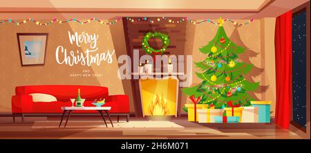 Accogliente soggiorno interno decorato per le vacanze di Natale. Illustrazione con divano rosso, albero di Natale, camino e regali. Illustrazione Vettoriale