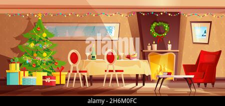Accogliente soggiorno interno decorato per le vacanze di Natale. Poltrona rossa, albero di Natale, camino, tavolo con dolci e regali. Illustrazione Vettoriale
