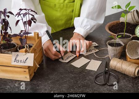 Donna che scrive nome di giovani giovani giovani giovani pianta su foglio di carta, closeup Foto Stock