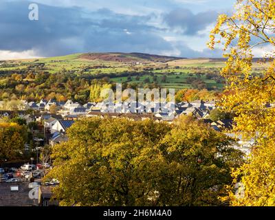 Nuove case in costruzione a Clitheroe, Lancashire, Regno Unito, da Clitheroe Castle. Foto Stock