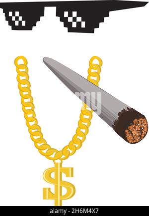 Set di occhiali e giunti a catena THUG Life Gangsta Bling. Big Dollar Sign Ciondolo e catena d'oro con sigaretta di marijuana illuminata e cool occhiali da pixel 2d. Th Illustrazione Vettoriale
