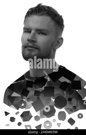 Un ritratto in bianco e nero di un uomo combinato con varie forme geometriche 3D. Foto Stock
