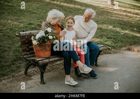 Heathy coppia anziana seduta sul panchina senza erede carino nipote Foto Stock