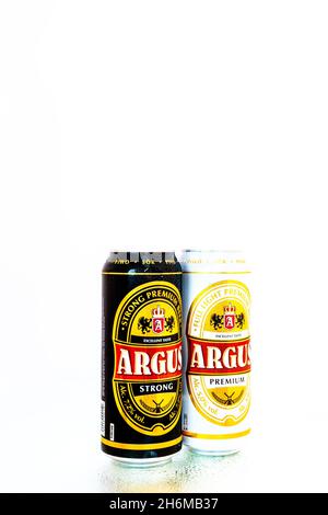 Birra Argus Premium Lager. Lild supermercato proprio birra di marca. Bucarest, Romania, 2021 Foto Stock