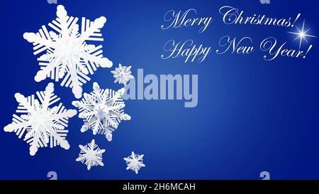 Primo piano di Natale e Capodanno. Fiocchi di neve bianchi con perle sul blu. Illustrazione 3D, banner, spazio di copia. Da utilizzare come biglietto di auguri, Foto Stock