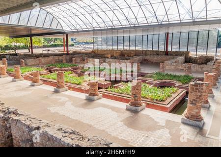 Vista dell'edificio Casa dos Reuxos Casa delle fontane presso le rovine romane di Conimbriga, Portogallo Foto Stock