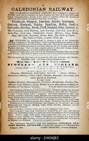 Pagina pubblicitaria vintage da una guida completa di Baddeley del 1889 al Lake District inglese. Con la Ferrovia Caledonica. Foto Stock