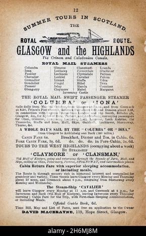 Pagina pubblicitaria vintage da una guida completa di Baddeley del 1889 al Lake District inglese. Con i Royal Mail Steamers. Foto Stock