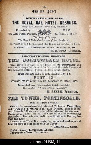 Pagina pubblicitaria vintage da una guida completa di Baddeley del 1889 al Lake District inglese. Hotel nel Lake District, Inghilterra, Regno Unito Foto Stock