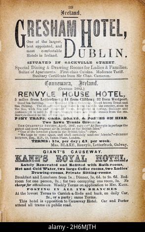 Pagina pubblicitaria vintage di una guida dettagliata di Baddeley del 1889 al Lake District inglese. Con gli hotel in Irlanda. Foto Stock