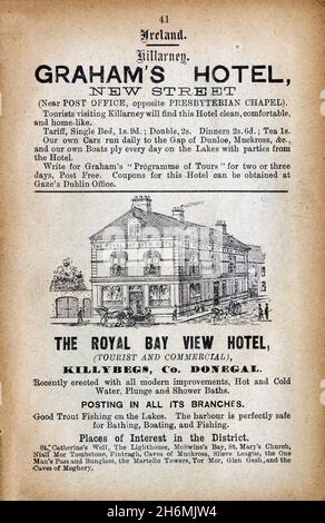 Pagina pubblicitaria vintage di una guida dettagliata di Baddeley del 1889 al Lake District inglese. Con gli hotel in Irlanda. Foto Stock