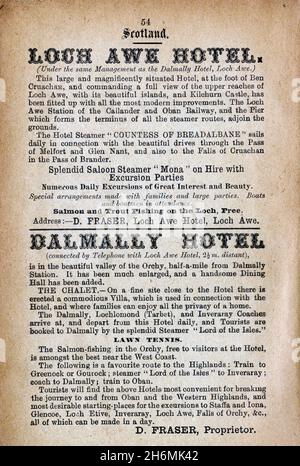 Pagina pubblicitaria vintage da una guida completa di Baddeley del 1889 al Lake District inglese. Hotel in Scozia, Regno Unito. Foto Stock