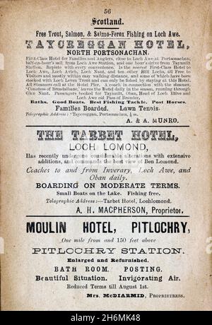 Pagina pubblicitaria vintage da una guida completa di Baddeley del 1889 al Lake District inglese. Hotel in Scozia, Regno Unito. Foto Stock