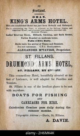 Pagina pubblicitaria vintage da una guida completa di Baddeley del 1889 al Lake District inglese. Hotel in Scozia, Regno Unito. Foto Stock