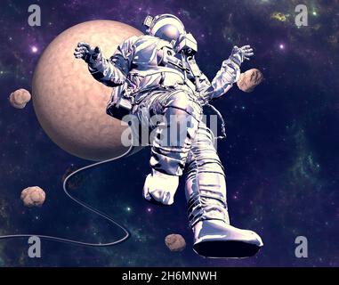 Astronauta che galleggia nello spazio. Nuovi mondi e galassie inesplorate. Asteroidi e pianeti. Masse rocciose disabitate. fantascienza. Esplorazione di nuovi mondi Foto Stock