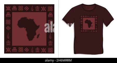 Africa Map con geroglifici africani, simboli di Adinkra, isolato su sfondo, t-shirt grafica vettoriale Illustrazione Vettoriale