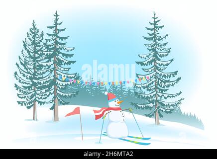 Divertente Snowman Sci in Red Scarf e cappello. Paesaggio invernale. Illustrazione Vettoriale