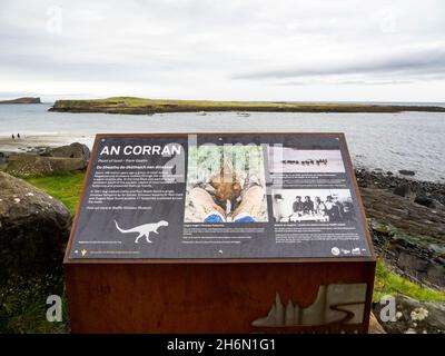 Una bacheca informativa sul sito di un'impronta di dinosauro sauropode presso una spiaggia di Corran, Staffin, sull'isola di Skye, Scozia, Regno Unito. Foto Stock