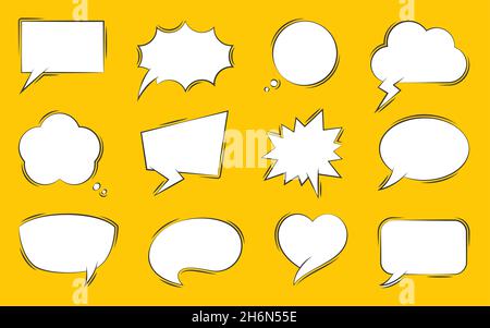 Speech bubble retro pop-art comic dialog flat set. Divertente forma bianco dialogo effetto sonoro allegro semplice adesivo rivista libro cartolina. Lable artigianale scrapbook finestra di dialogo cartone animato stile isolato Illustrazione Vettoriale