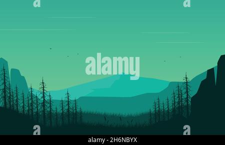 Una vista fantastica delle montagne con la silhouette dei pini dal villaggio all'alba. Illustrazione vettoriale di una città Illustrazione Vettoriale