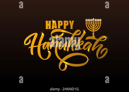 Illustrazione vettoriale della tipografia scritta per la festa ebraica di Hanukkah. Icona, badge, poster, firma banner Happy Hanukkah. Modello per hanukkah Illustrazione Vettoriale