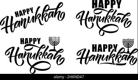 Illustrazione vettoriale della tipografia scritta per la festa ebraica di Hanukkah. Icona, badge, poster, firma banner Happy Hanukkah. Modello per hanukkah Illustrazione Vettoriale