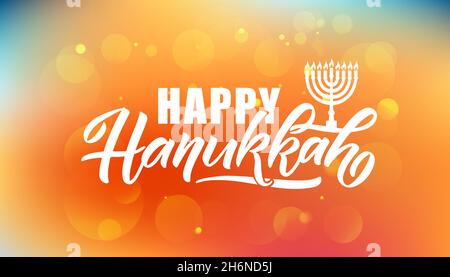 Illustrazione vettoriale della tipografia scritta per la festa ebraica di Hanukkah. Icona, badge, poster, firma banner Happy Hanukkah. Modello per hanukkah Illustrazione Vettoriale