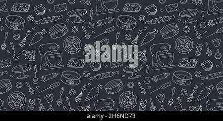Modello senza cuciture con strumenti per la preparazione di torte, biscotti e pasticcini. Attrezzi per pasticceria Doodle impastatrice, teglia da forno e sacchetto per pasticceria. Vettore Illustrazione Vettoriale