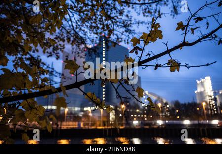 Datteln, Germania. 17 novembre 2021. Le foglie autunnali si vedono nelle prime ore del mattino davanti alla centrale a carbone Uniper Datteln 4. Credit: Bernd Thissen/dpa/Alamy Live News Foto Stock