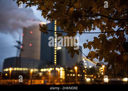 Datteln, Germania. 17 novembre 2021. Le foglie autunnali si vedono nelle prime ore del mattino davanti alla centrale a carbone Uniper Datteln 4. Credit: Bernd Thissen/dpa/Alamy Live News Foto Stock