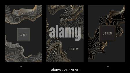 Modello linee oro, design copertine artistiche, sfondi di lusso colorati. Motivo alla moda, poster grafico, schede. Illustrazione vettoriale Illustrazione Vettoriale