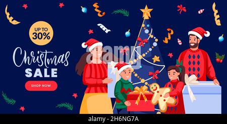 Famiglia felice in costumi di festa con i regali vicino albero di Natale. Mamma, papà, ragazzo e ragazza che si preparano alla festa di Capodanno. Vettore flat cartoon charact Illustrazione Vettoriale