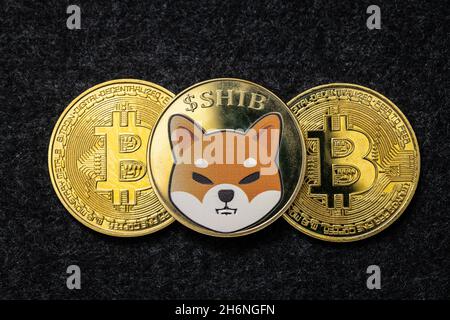 Shiba Inu Coin sopra le monete fisiche Bitcoin Foto Stock