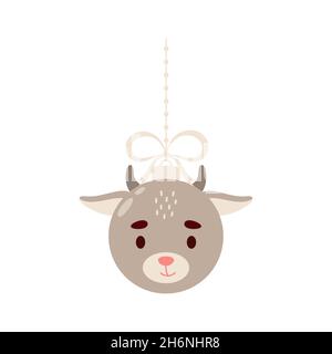 Buon Natale e palla di nuovo anno con capra carina. Cartoon inverno vacanze animali bauble. Illustrazione dello stock vettoriale Illustrazione Vettoriale