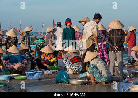 Donne con cappelli di paglia sulla spiaggia con pesce fresco pescato e frutti di mare, molte barche colorate da pesca in mare vicino a Mui NE, Phan Thiet, Vietnam Foto Stock