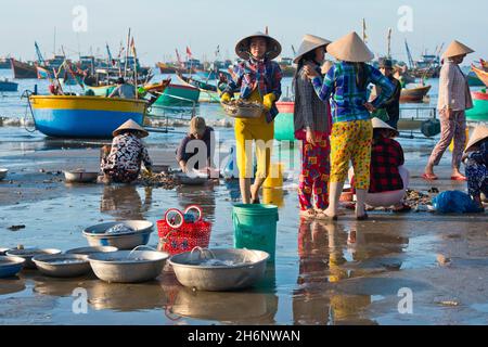 Pescatori sulla spiaggia con pesce appena pescato e frutti di mare, molti colorati pescherecci in mare vicino a Mui NE, Phan Thiet, Vietnam Foto Stock