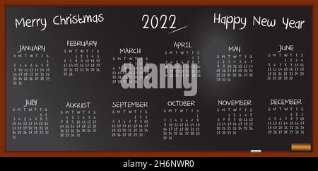 Calendar 2022 digitare mensilmente sulla lavagna. Scrivere con gesso bianco. Illustrazione vettoriale. Illustrazione Vettoriale