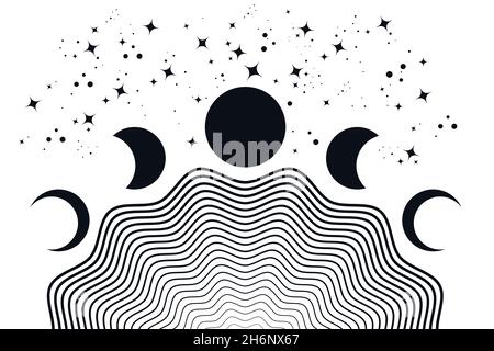 Fasi lunari, onde geometriche, astratto sfondo contemporaneo della conchiglia. Colore tatuaggio nero. Decorazioni a parete boho con stampa d'arte moderna e minimalista. Segno organico Illustrazione Vettoriale