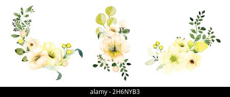 Acquerello fiore e foglie mazzi set. Composizione botanica acquerello dipinto a mano isolato su sfondo bianco, adatto per il design di carte, matrimoni Illustrazione Vettoriale